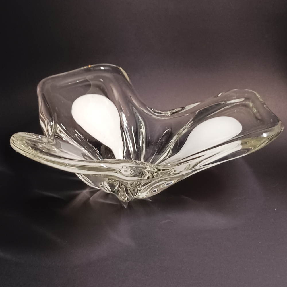 White and Clear Organic Shape Glass Bowl Murano Style